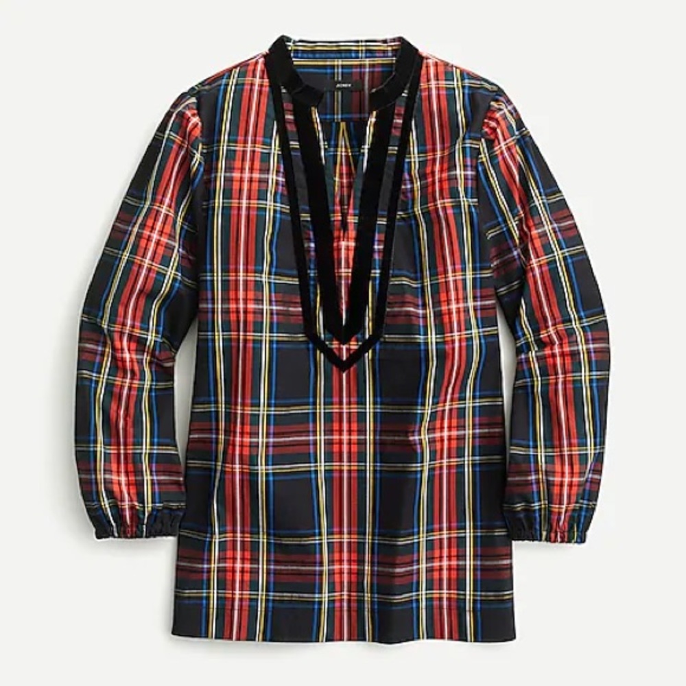 NWT J.Crew Velvet-trimmed V-neck tartan tunic